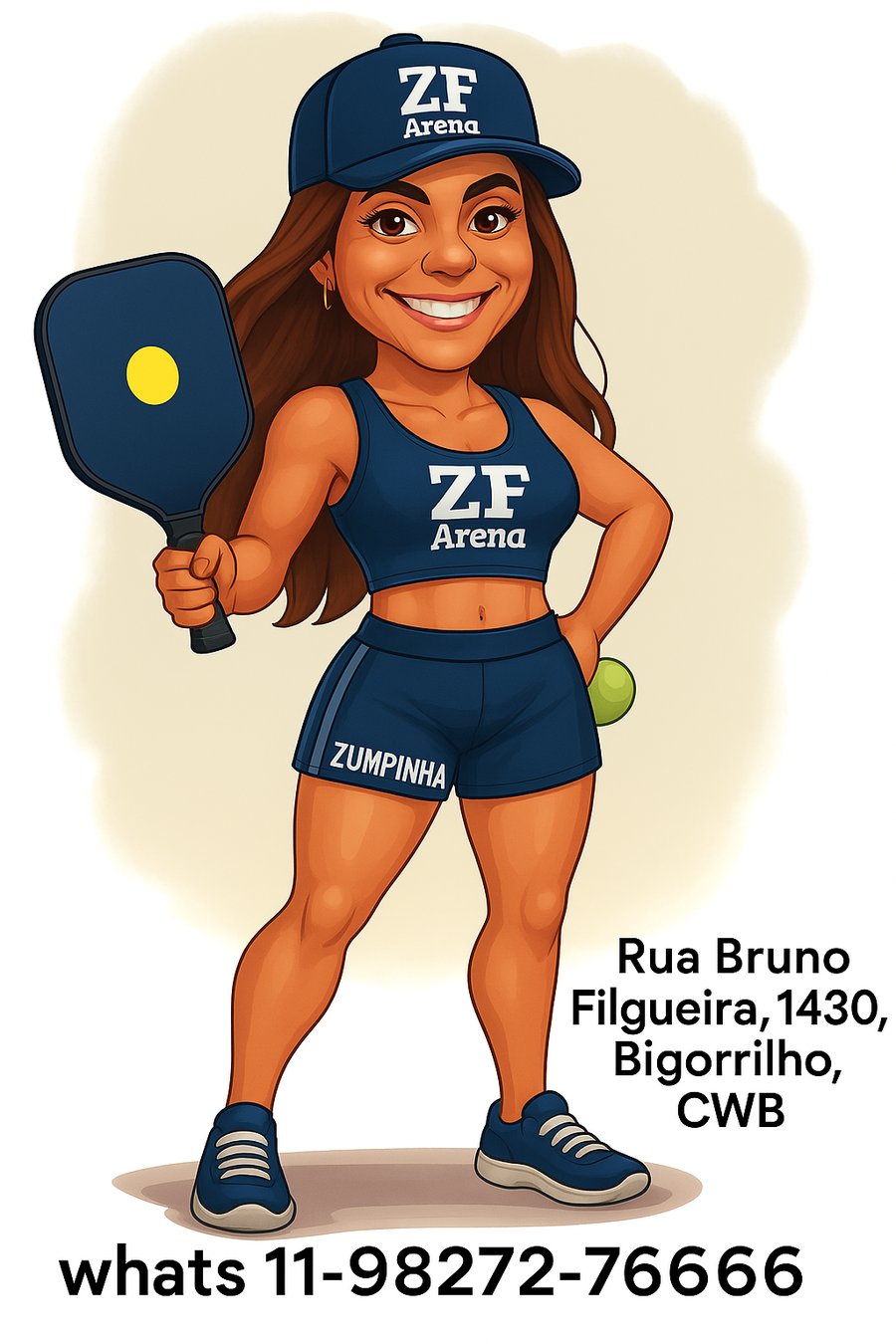 Zumpinha segurando raquete e bola de pickleball